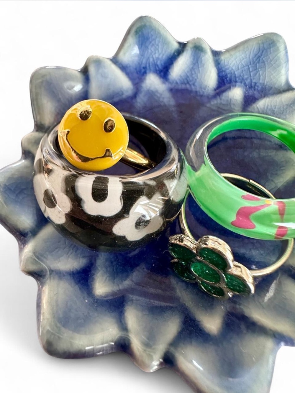 Colorful Lucite Rings Smiley and Flower Ring Set - Green, Black, Yellow